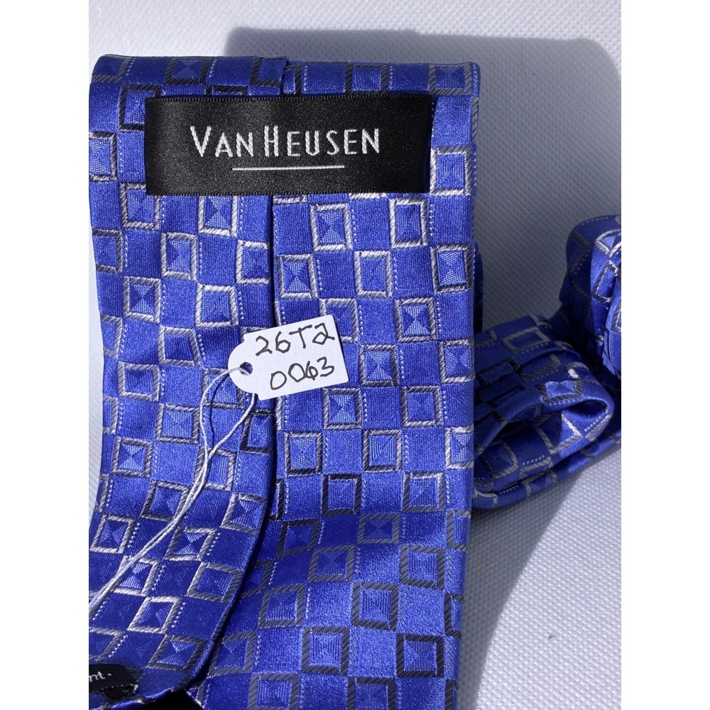 Van Heusen Mens Blue Silver Geometric Square Pattern Stain Resistant Silk Tie - Picture 6 of 6